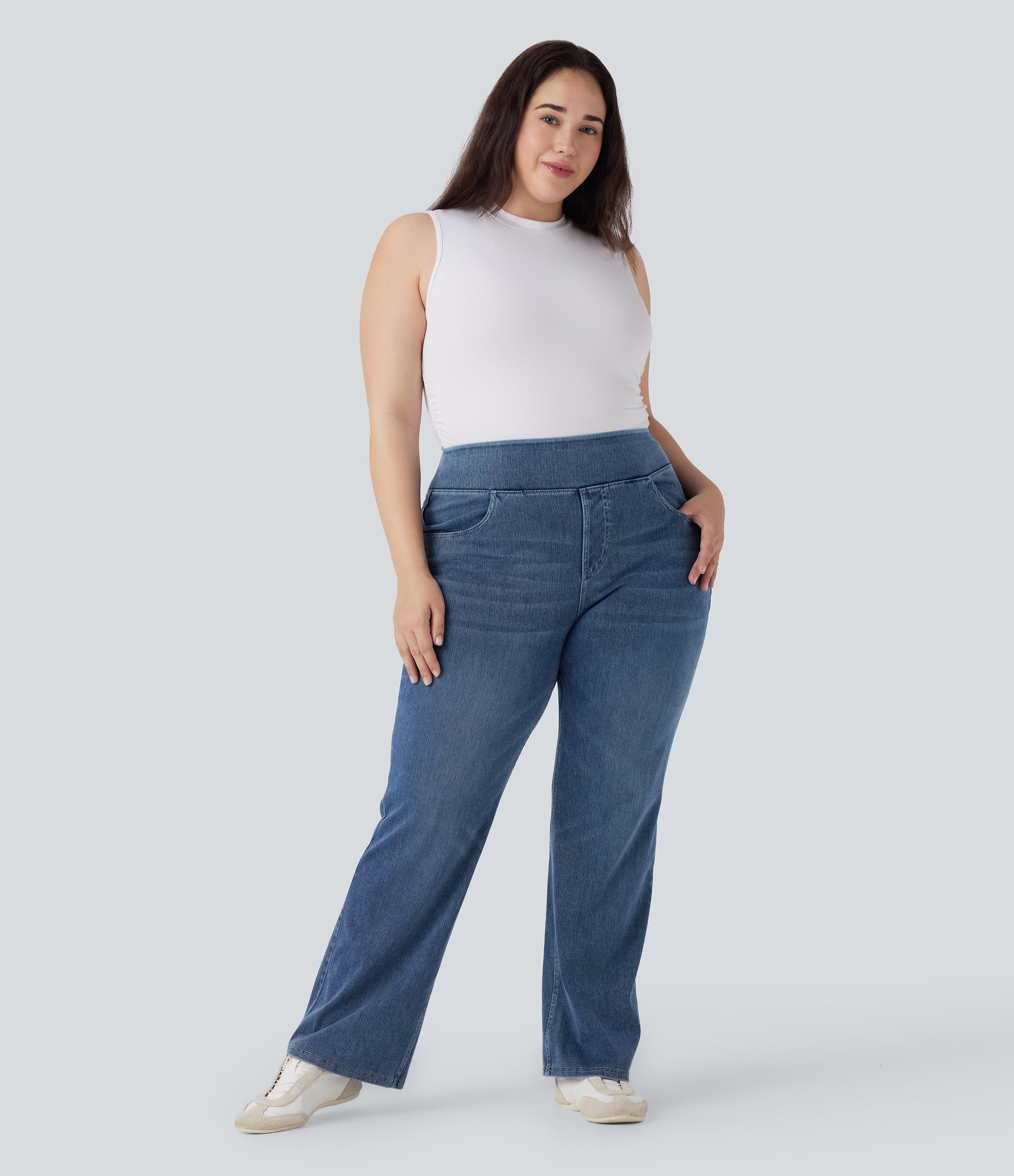 FlexTM High Waisted Pockets Washed Casual Bootcut Plus Size Jeans