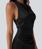 Tie Back Ruched Maxi Satin Dress