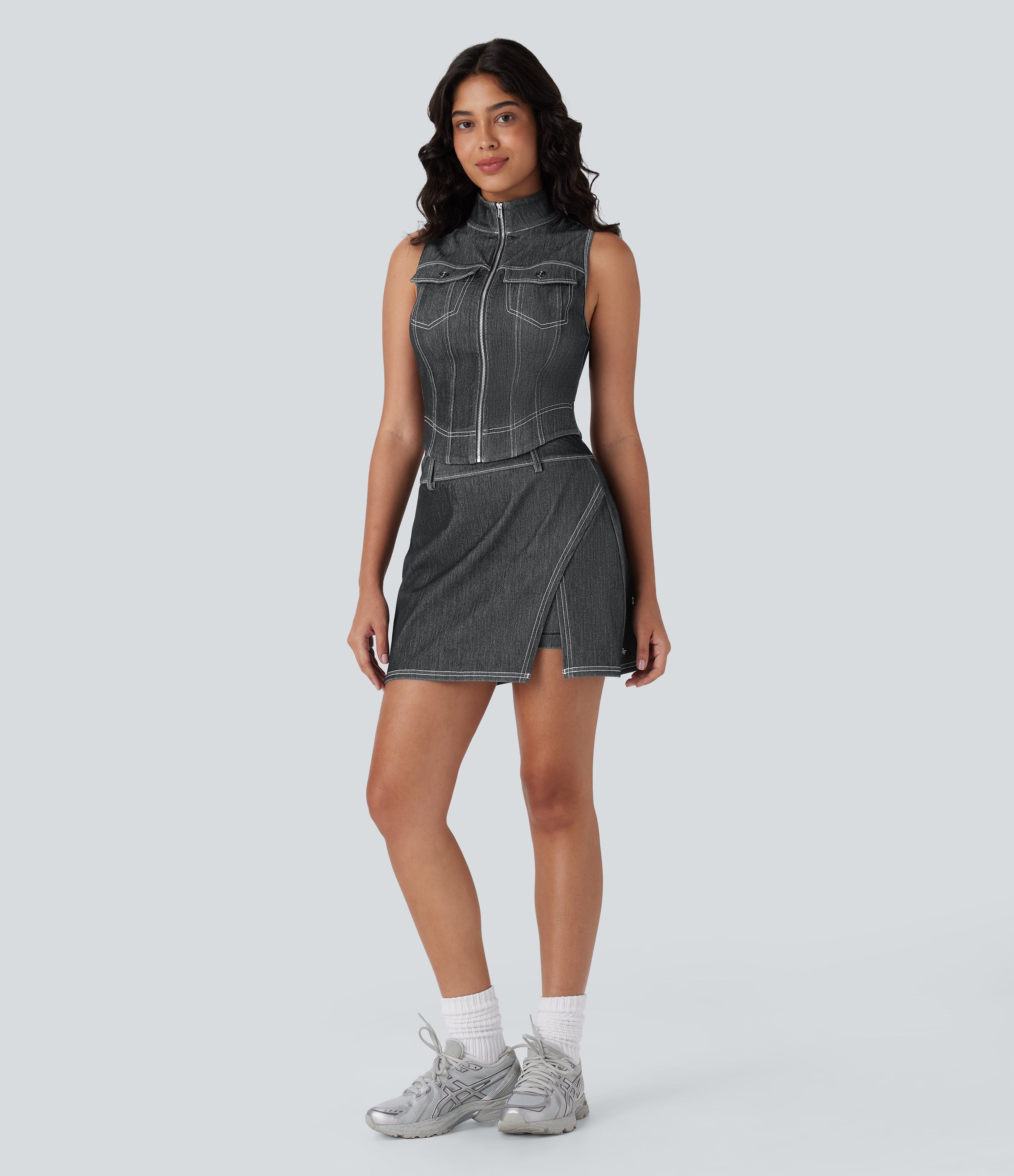 FlexTM High Waisted 2-in-1 Cool Touch Washed Denim Mini Tennis Skirt with Pocket
