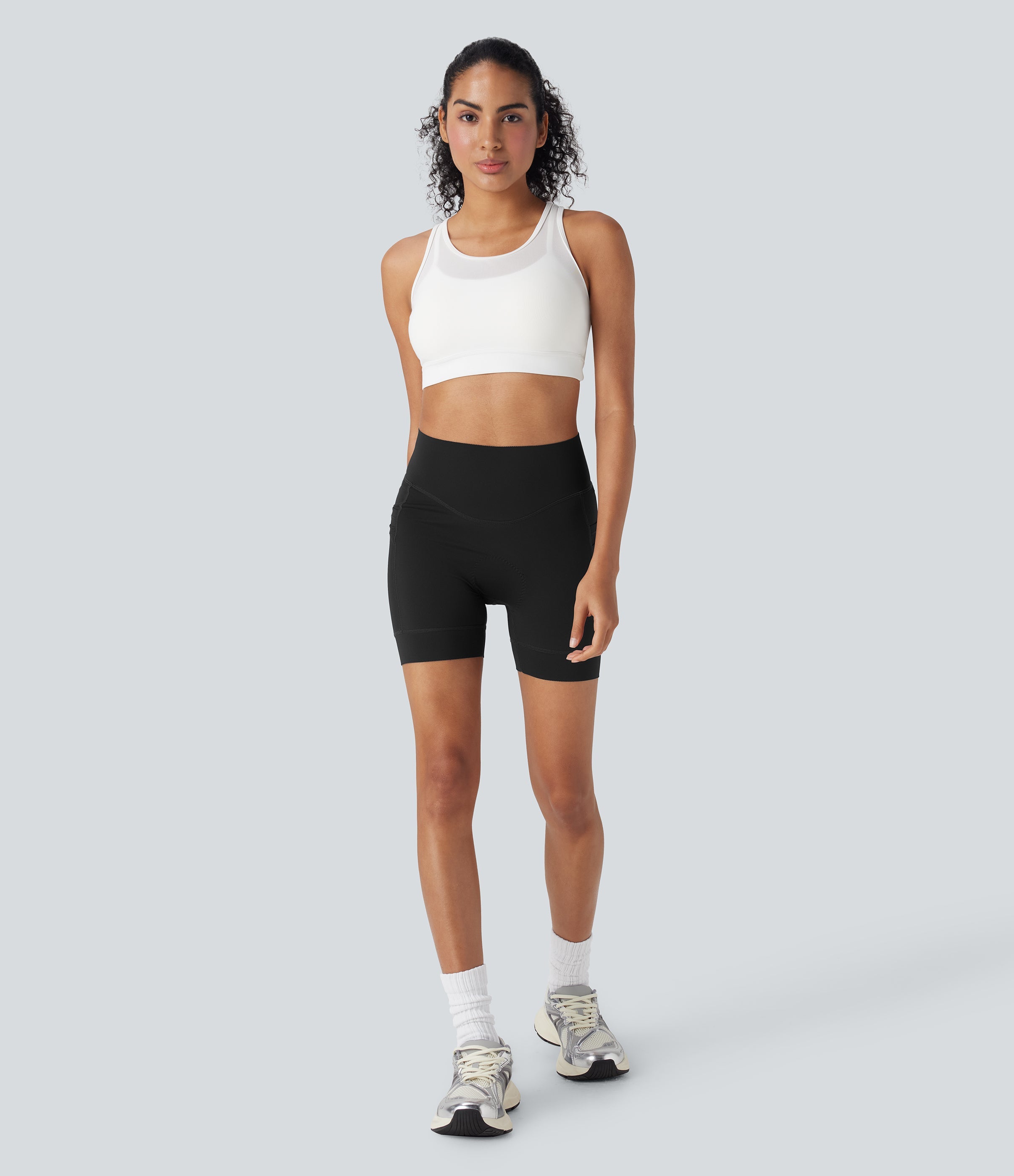 SpeedWaveTM High Waisted Contrast Mesh Quick Dry Cycling Chamois Padded Biker Shorts 5'' with Pockets