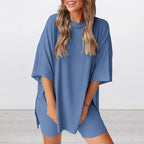 Women Summer  Casual Oversized  Split Hem Shirts & Side Pocket Biker Shorts