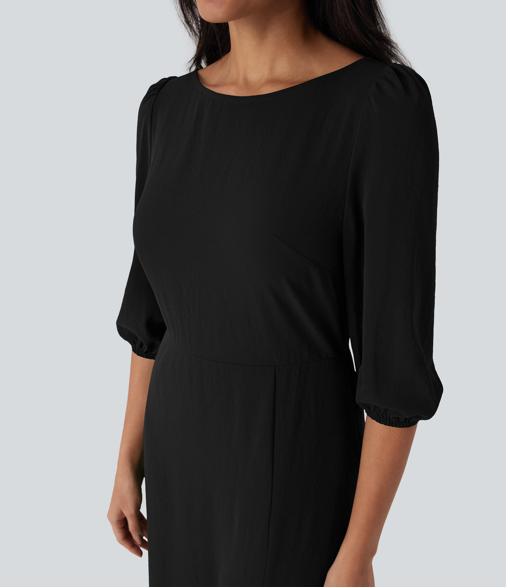 Tie Back Zipper Puff Sleeve Dress
