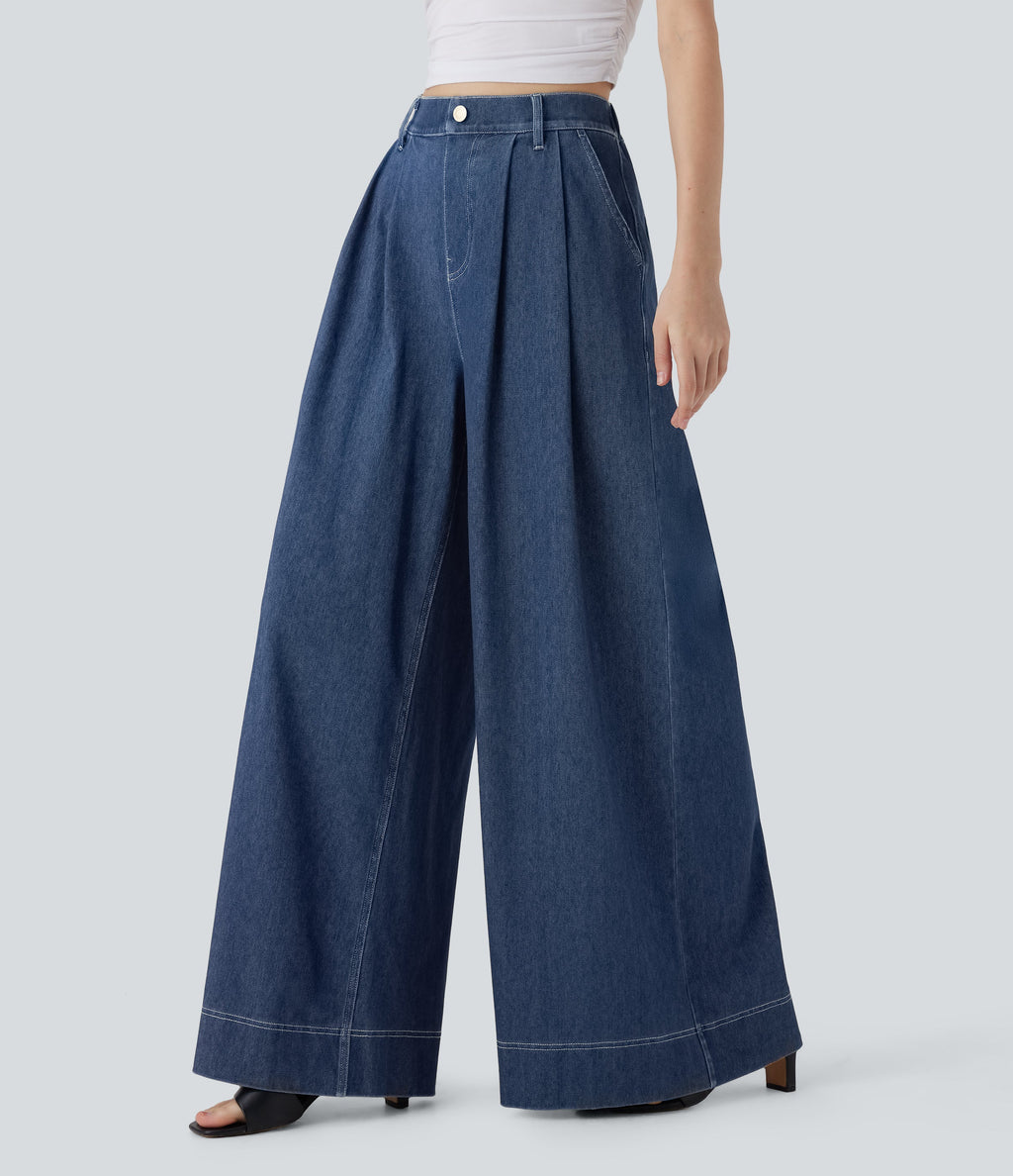 FlexTM High Waisted Wide leg Cool Touch Quick Dry Denim Casual Jeans with Pockets
