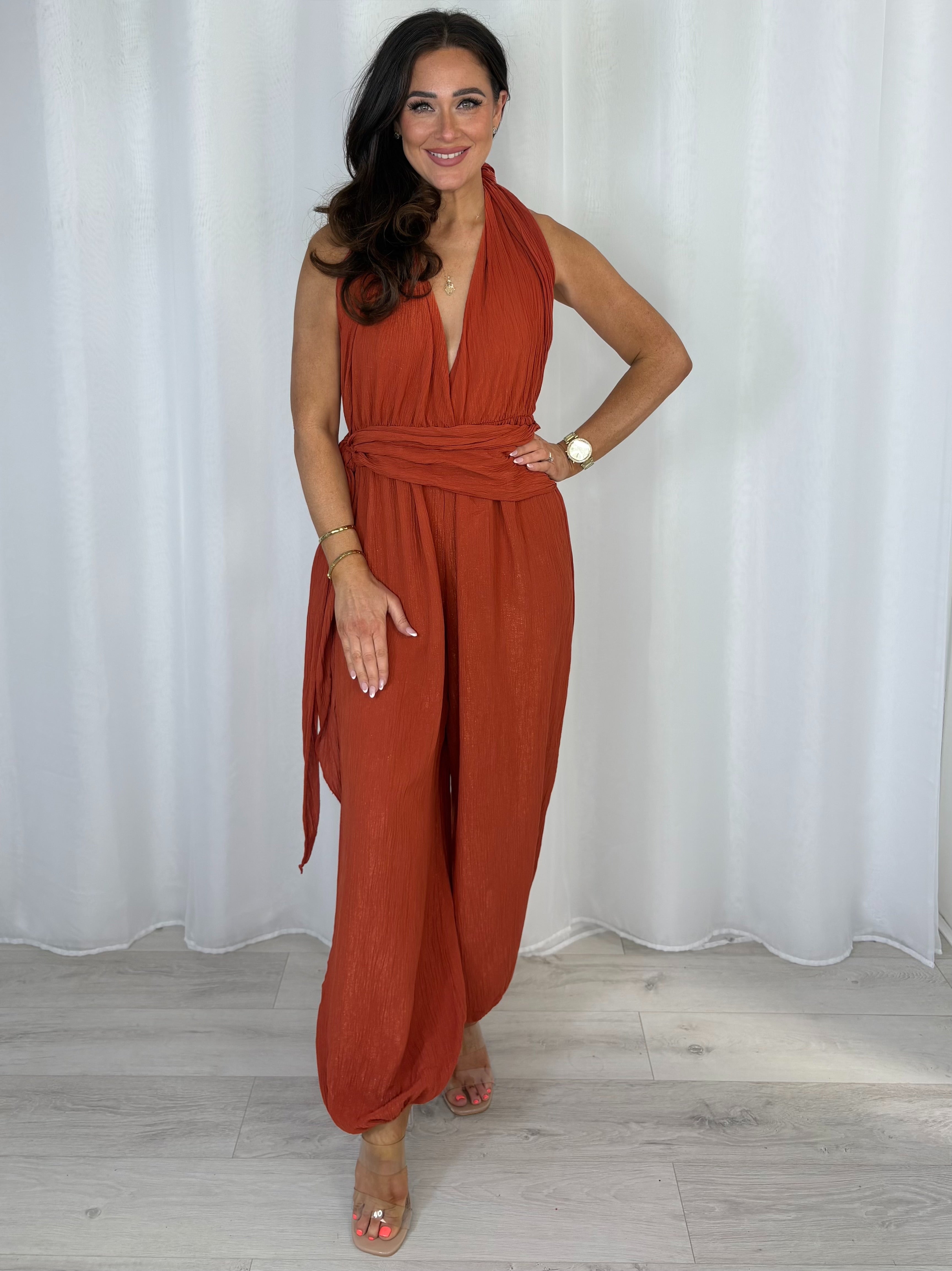 Crinkle Shimmer Halter Neck Drape Detail Backless Jumpsuit (7 Colours)