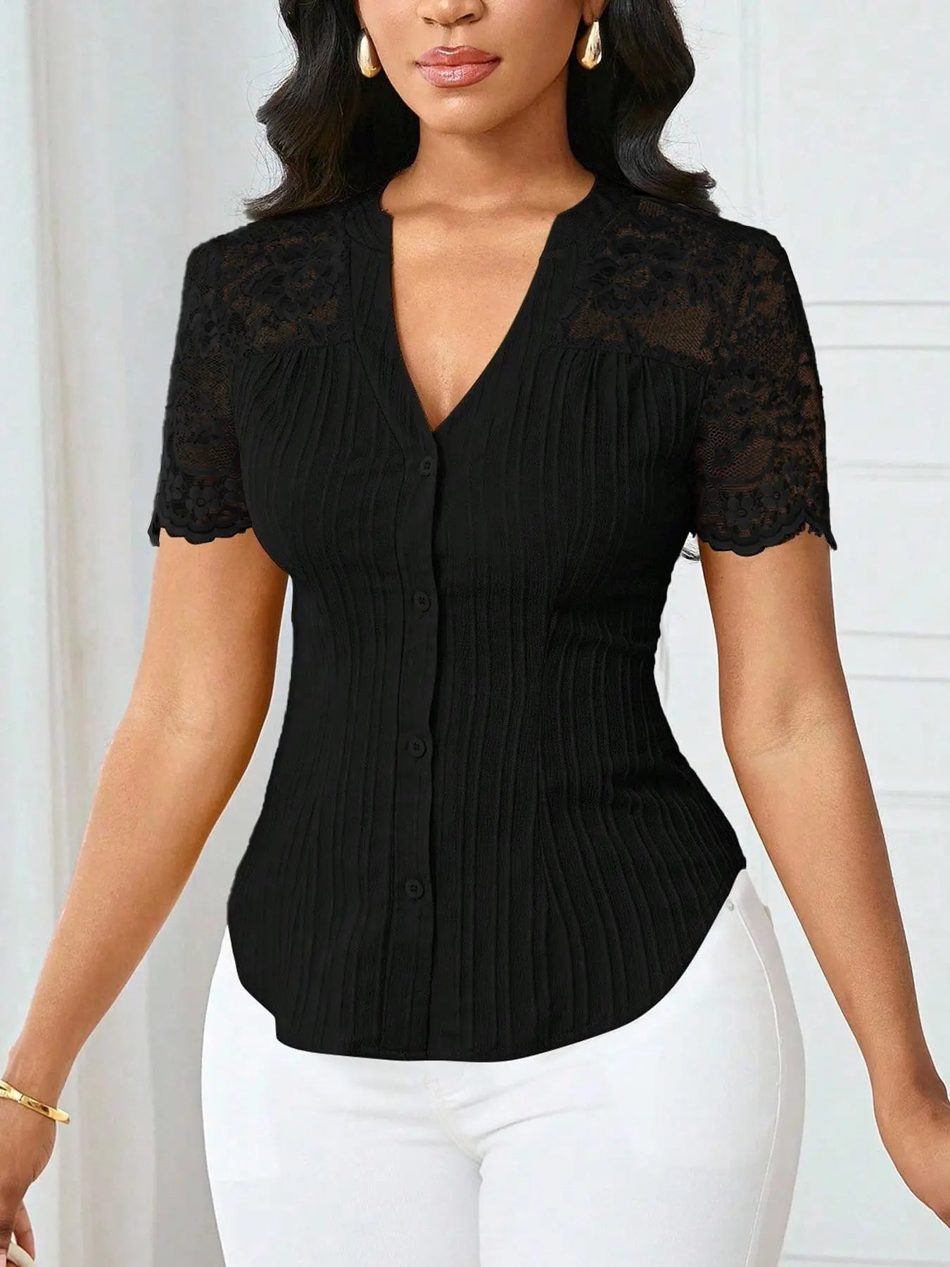 Women's Solid Color Simple Basic Commuter Casual Fitted Shirt Summer Style, Ladies Plain Design Office Wear, Comfortable and Stylish Blouse Tops