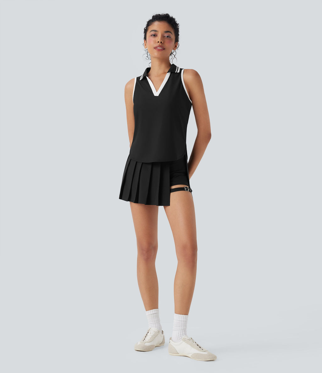 Color Block Polo V Neck Sleeveless Quick Dry Casual Top-UPF50+
