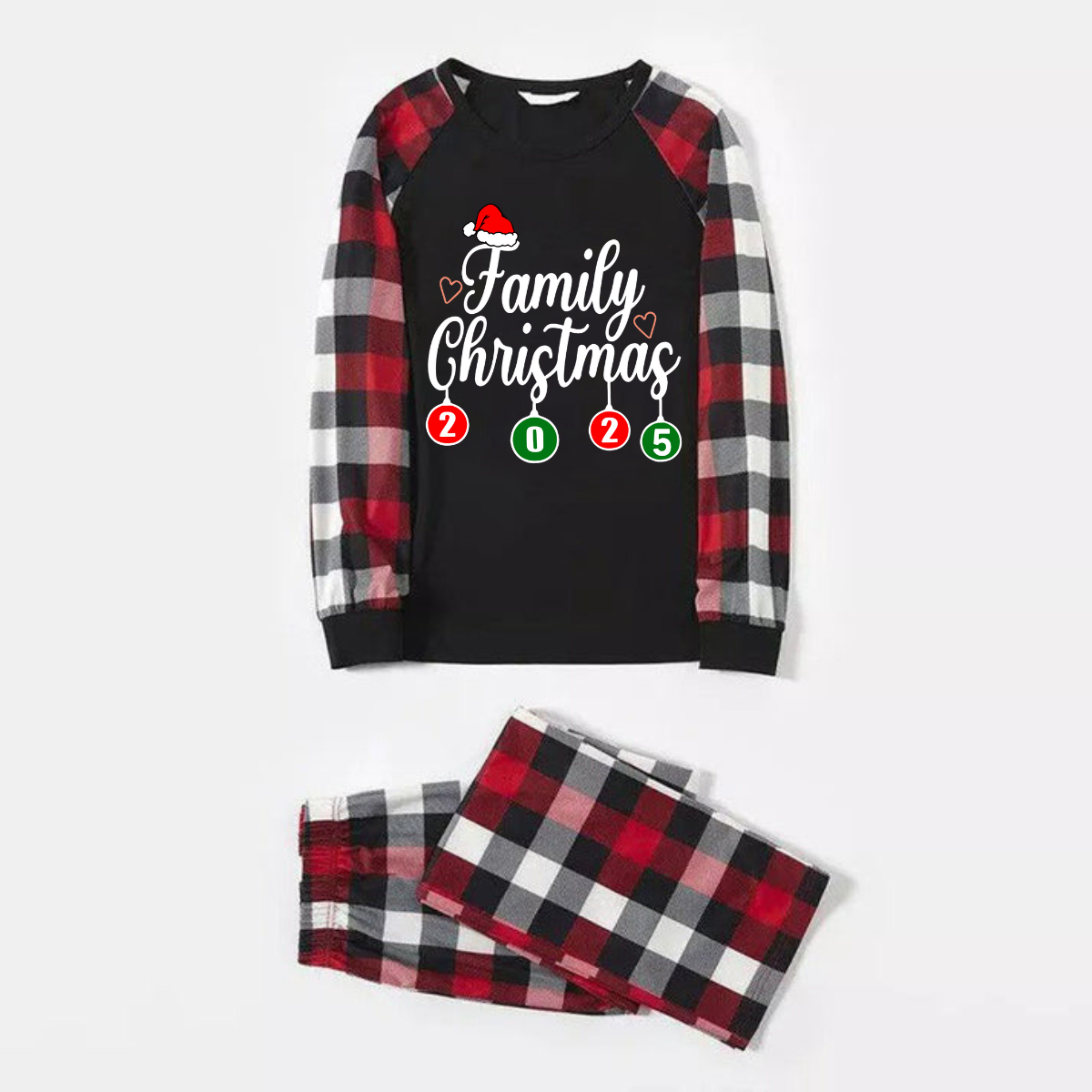 "Family Christmas 2025" Letter Printed Red & Black & Grey & White Plaid Family Matching Pajamas