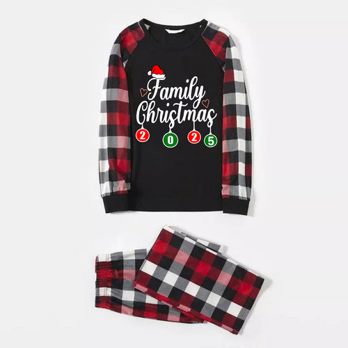 "Family Christmas 2025" Letter Printed Red & Black & Grey & White Plaid Family Matching Pajamas