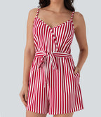 V-neck Snap Belted Stripe Waffle Jumpsuit with Pockets