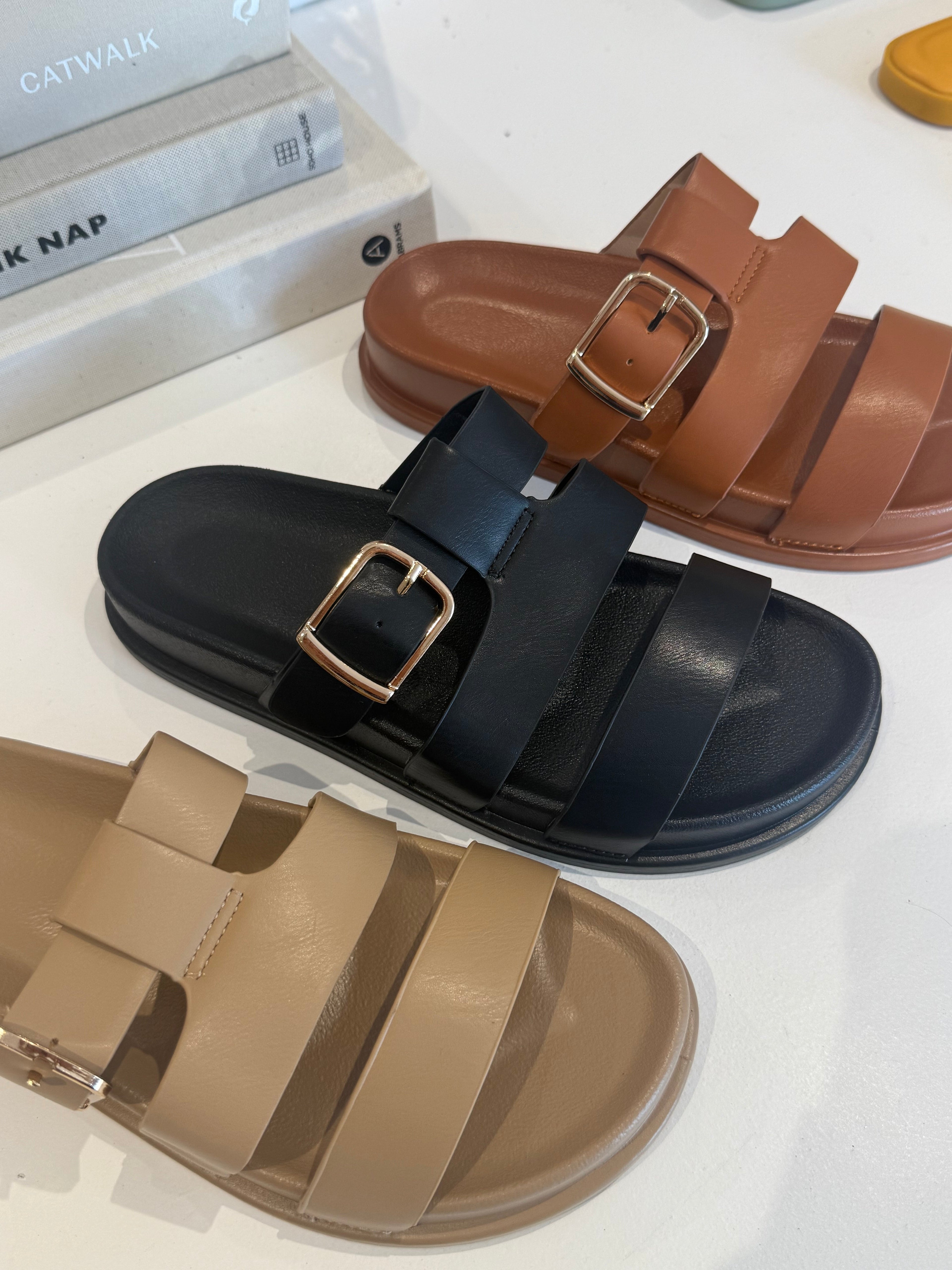 Triple Strap Gold Buckle Sandal (3 Colours)