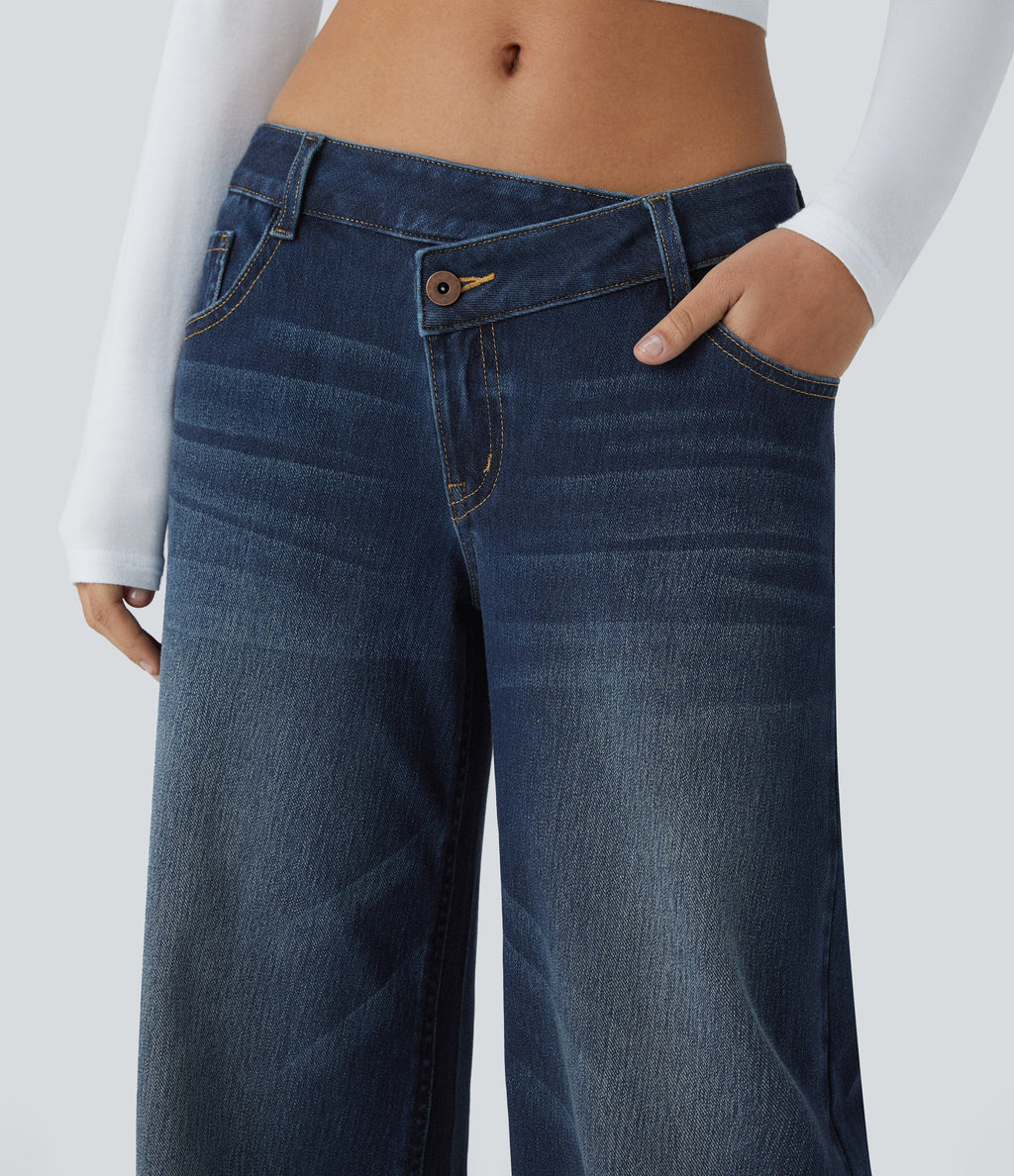 FlexTM Asymmetric Low Rise Zipper Pockets Baggy Wide Leg Washed Casual Jeans