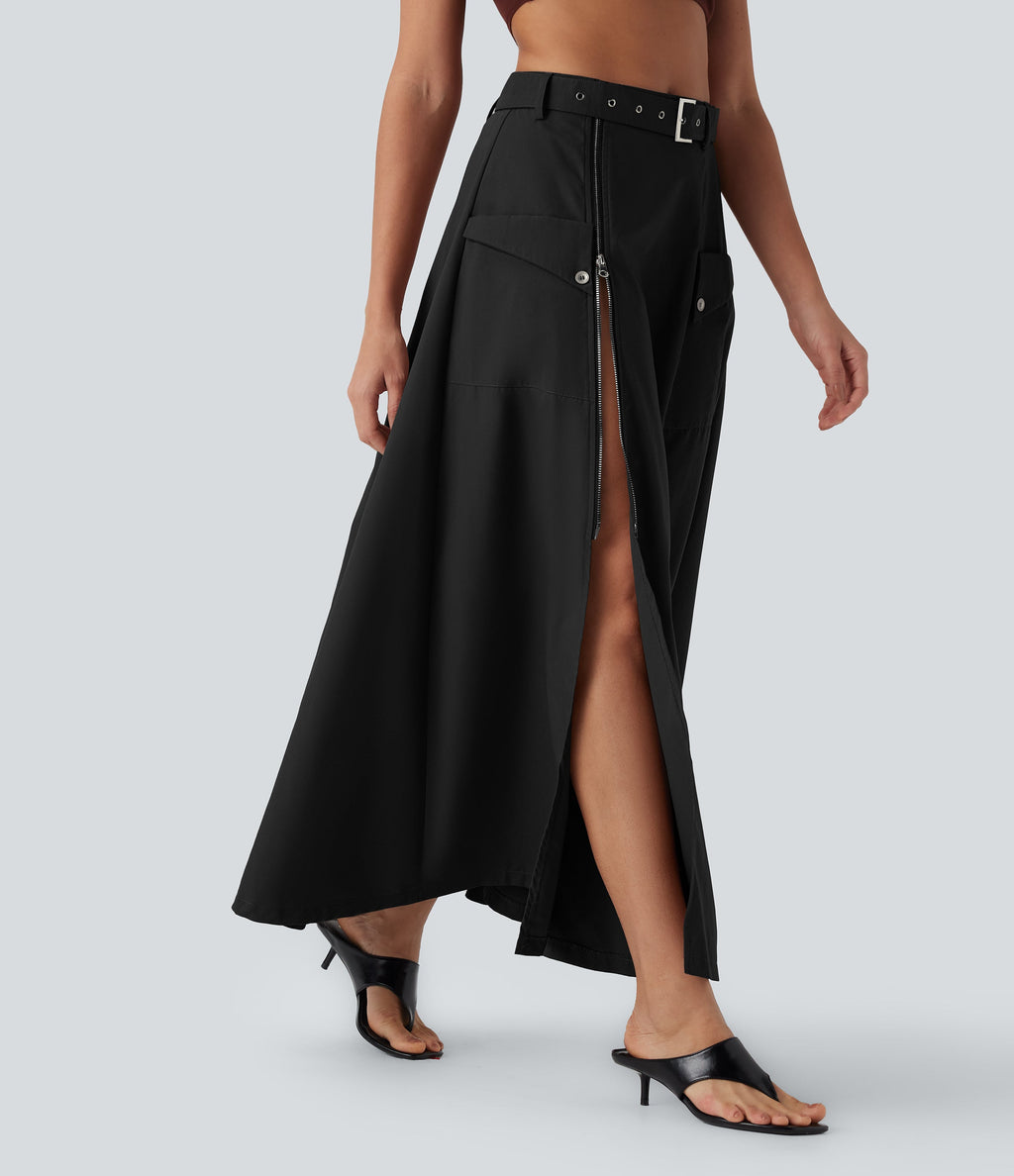 Mid Rise Belted Zipper Maxi Casual Skirt with Pockets