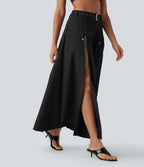 Mid Rise Belted Zipper Maxi Casual Skirt with Pockets
