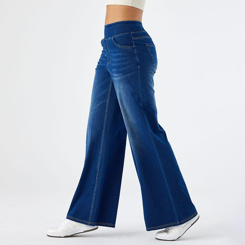 2026🔥 FlexTM High Waisted Multiple Pockets Baggy Wide Leg Washed Stretchy Knit Casual Jeans