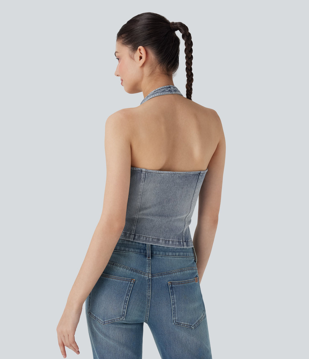 FlexTM Halter Zipper Washed Denim Casual Tank Top