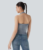 FlexTM Halter Zipper Washed Denim Casual Tank Top