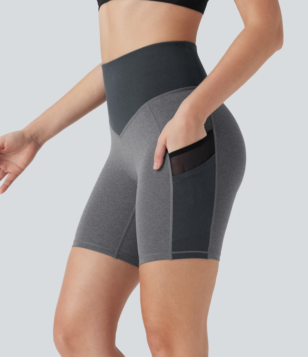 High Waisted Color Block Contrast Mesh Quick Dry Yoga Biker Shorts 7'' with Pockets
