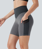 High Waisted Color Block Contrast Mesh Quick Dry Yoga Biker Shorts 7'' with Pockets