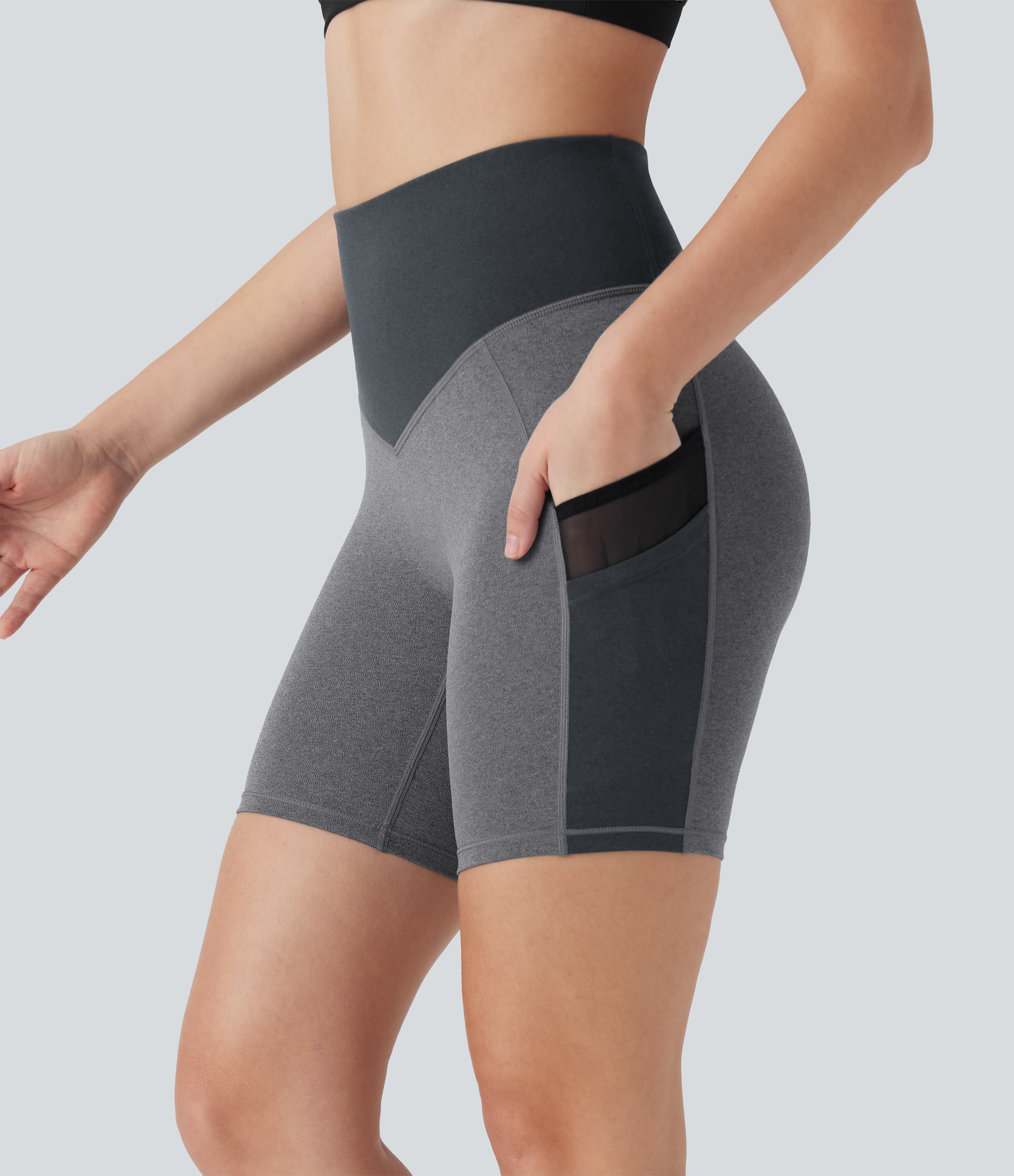 High Waisted Color Block Contrast Mesh Quick Dry Yoga Biker Shorts 7'' with Pockets