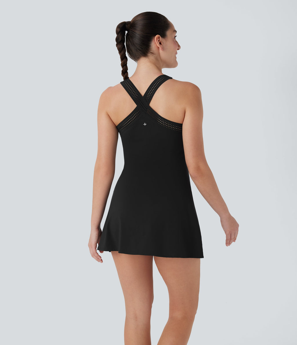 SoftlyzeroTM Airy Halter Cut Out Backless 2-in-1 Cool Touch Mini Yoga Active Dress with Side Pockets-Easy Peezy Edition-UPF50+
