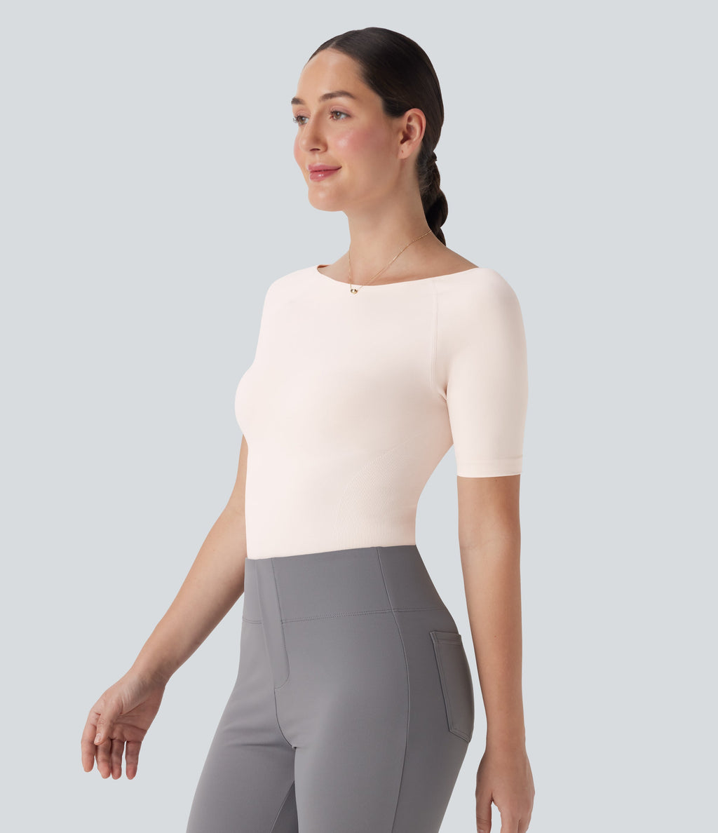Seamless Flow Smoothing Boat Neck Adjustable Leg Straps Work Bodysuit-Easy Peezy