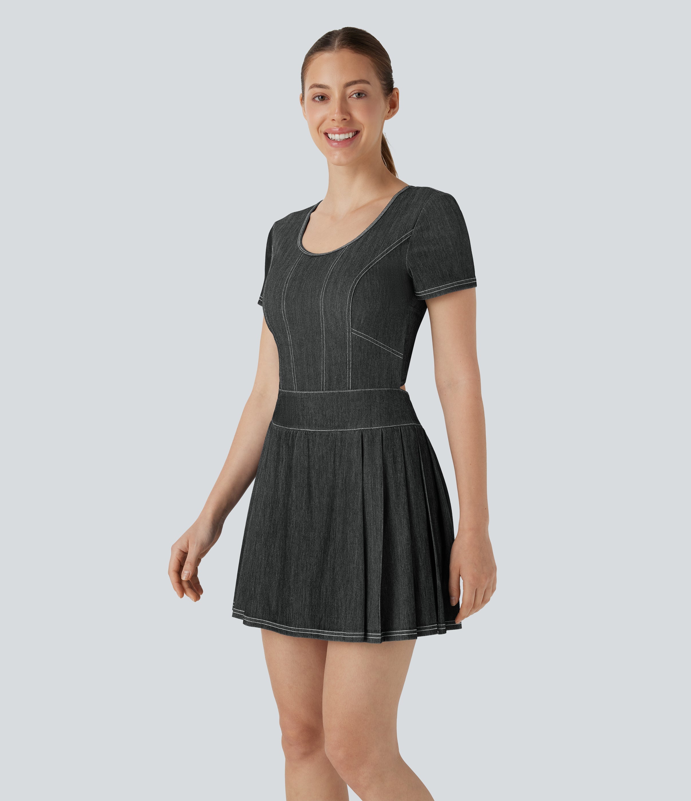 FlexTM Pleated Hem 2-in-1 Cool Touch Washed Denim Tennis Active Dress with Pockets