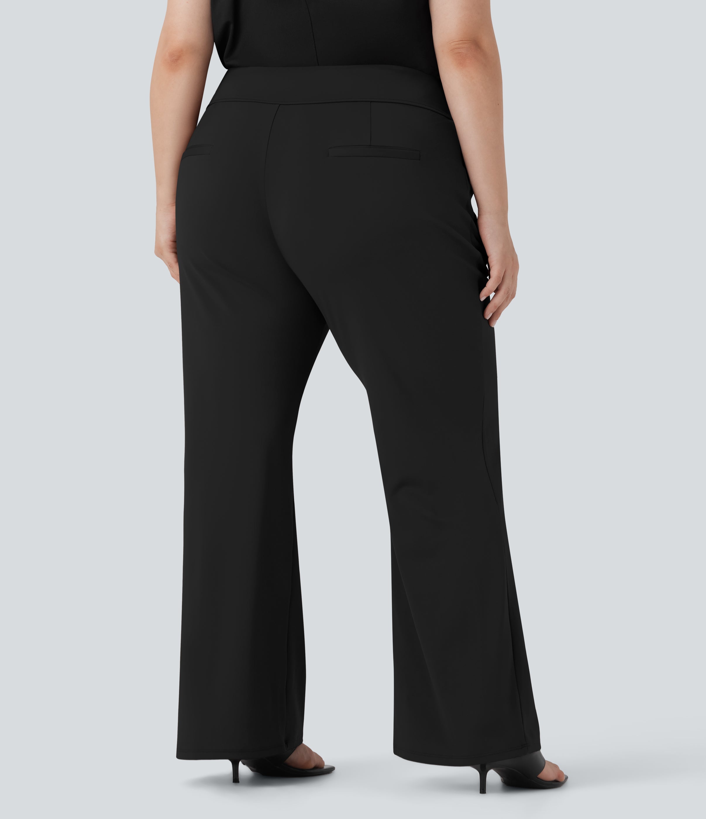 Plus Size FlexTM High Waisted Work Flare Pants with Side Zip Pockets
