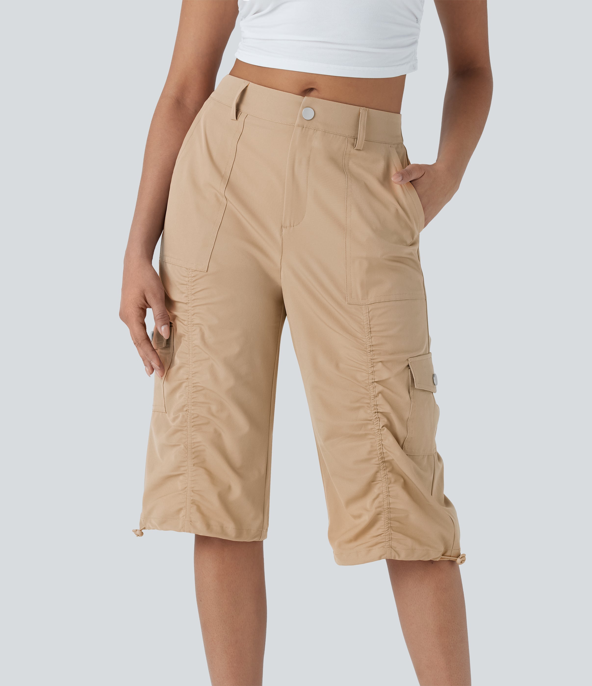 Mid-Rise Ruched Cargo Quick-Dry Casual Pedal Pusher Pants with Pockets