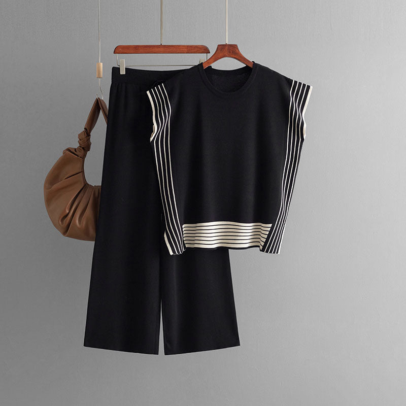 Stylish Striped Patchwork Solid Color Sleeveless Top & High Waist Pants Two-Piece Set