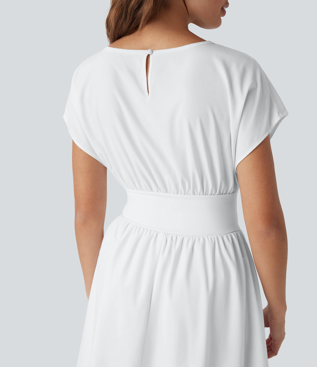 BreezefulTM Batwing Short Sleeve Flowy Quick Dry Mini Work Dress with Pockets