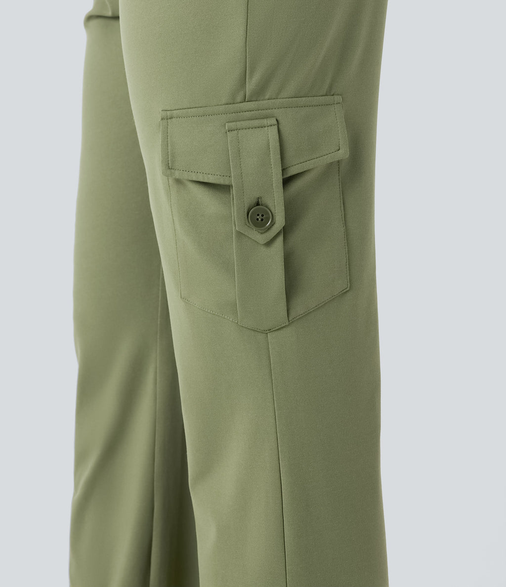 Low Rise Drawstring Casual Bootcut Cargo Pants with Pockets