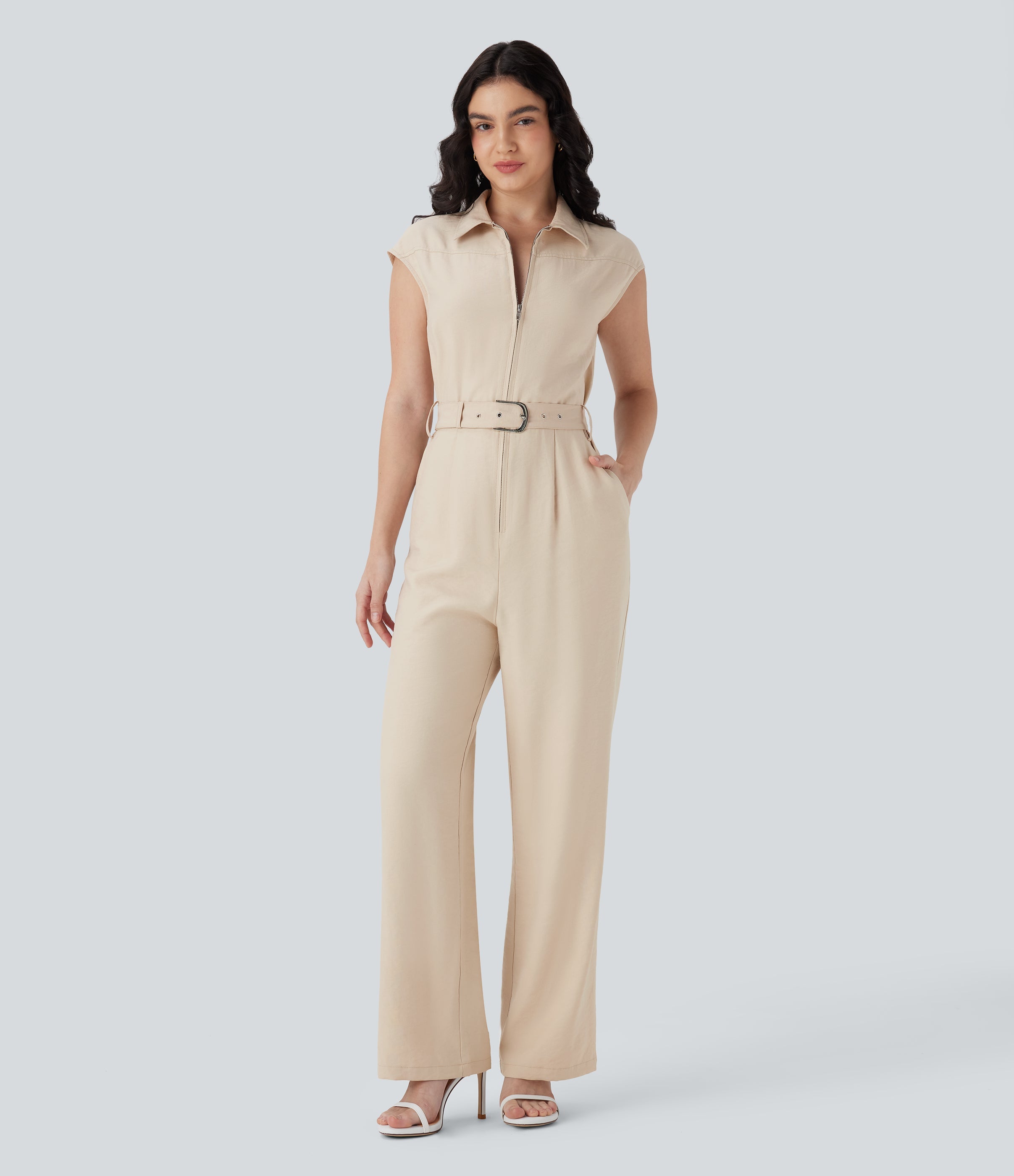 Half Zipper Cap Sleeve Straight Leg Belted Work Linen-Feel Jumpsuit with Pockets