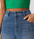 FlexTM High Waisted Multiple Pockets Rolled Hem Wide Leg Washed Stretchy Knit Casual Jeans