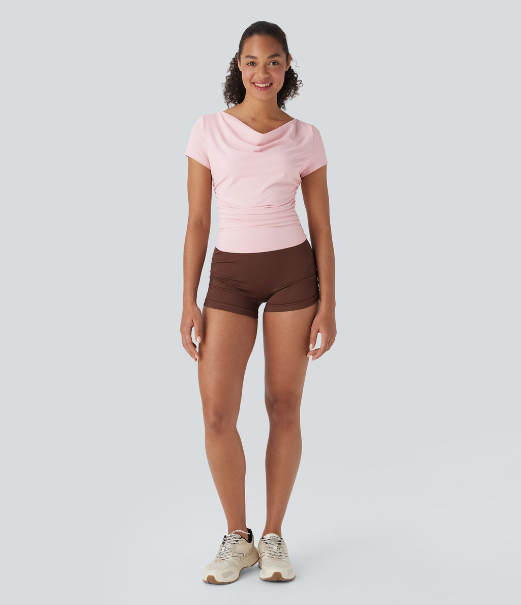 Cowl Neck Short Sleeve Ruched Yoga Top