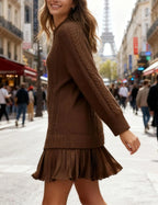 Women Cable Knit Sweater Dress Crewneck Long Sleeve Pleated Mini Dress Twofer Style Patchwork Dress