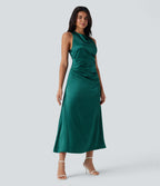 Tie Back Ruched Maxi Satin Dress