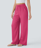 Women Summer High Waisted Drawstring Pocket Wide Leg Casual Linen-Feel Pants