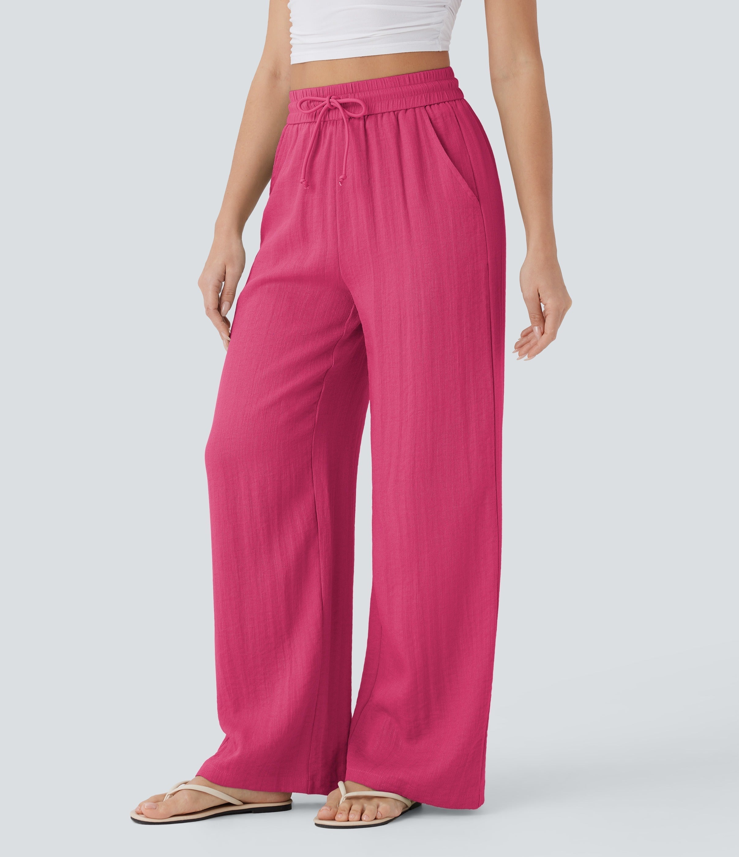Women Summer High Waisted Drawstring Pocket Wide Leg Casual Linen-Feel Pants