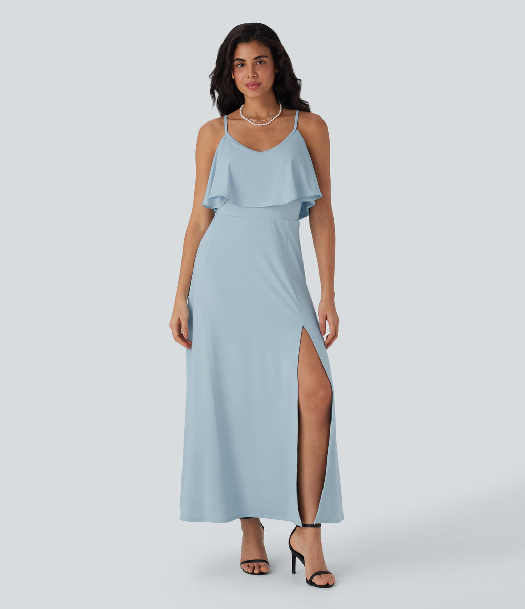 Ruffle Maxi Slip Dress with Pockets