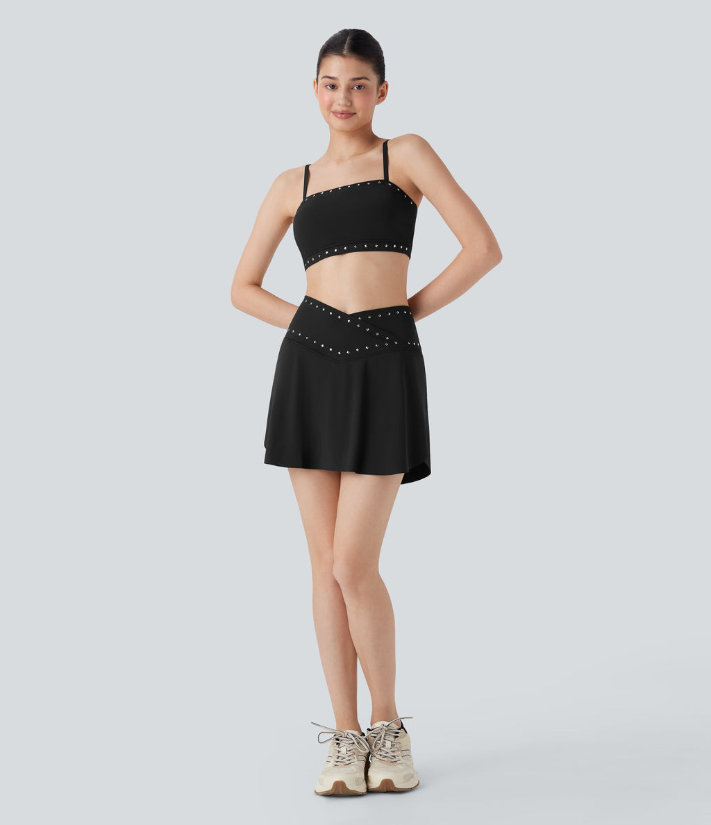 SoftlyZeroTM QuickDry High Waisted Studded Crossover 2-in-1 Mini Pickleball Skirt with Pockets