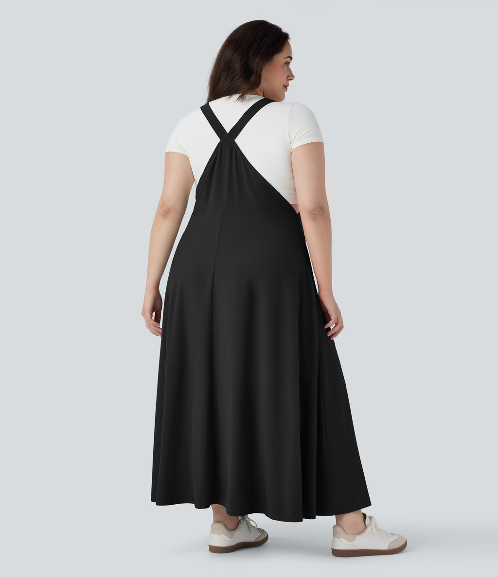 BreezefulTM Flowy Quick Dry Midi Casual Plus Size Pinafore Dress with Pockets