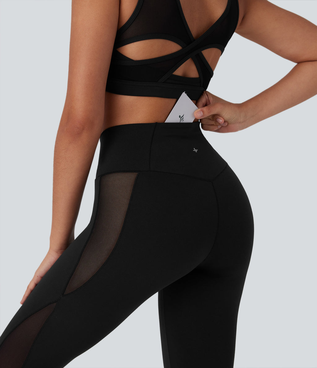 SoftlyZeroTM Crossover High Waisted Contrast Mesh Yoga Leggings with Pocket-UPF50+