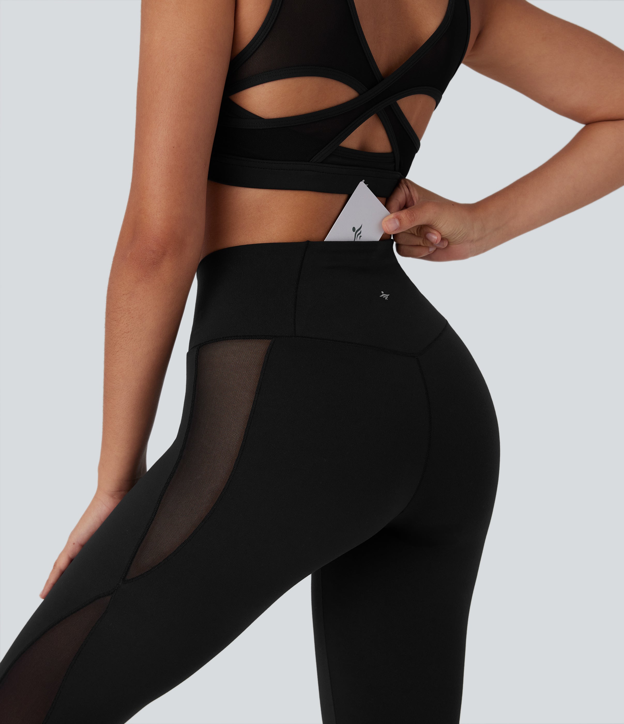 SoftlyZeroTM Crossover High Waisted Contrast Mesh Yoga Leggings with Pocket-UPF50+