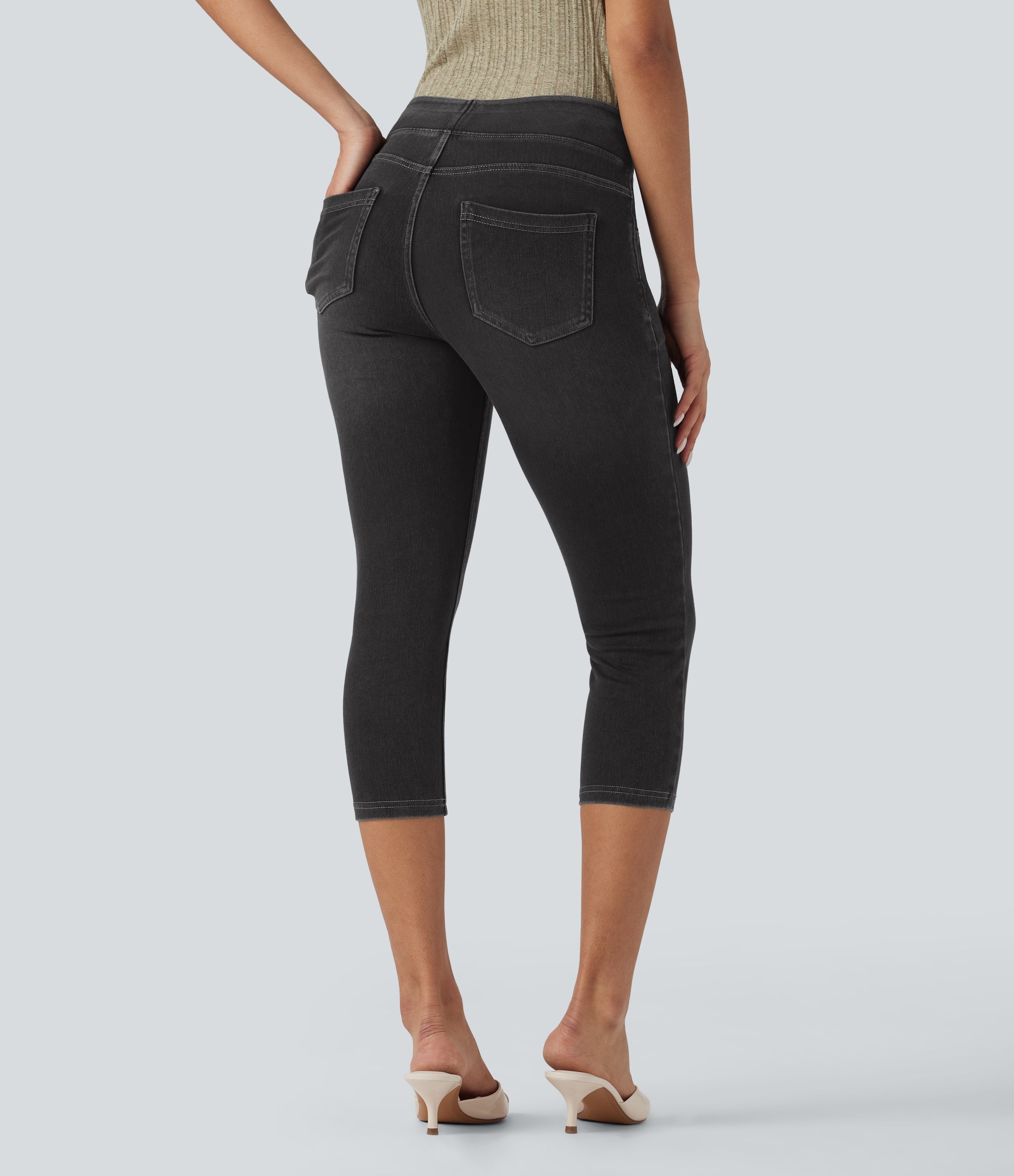 FlexTM High-Waisted Denim Casual Capri Leggings with Pockets