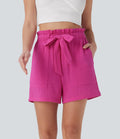 Paper Bag High Waisted Tie Front Casual Cotton Shorts with Pockets