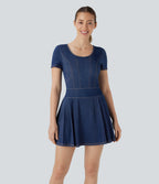 FlexTM Pleated Hem 2-in-1 Cool Touch Washed Denim Tennis Active Dress with Pockets
