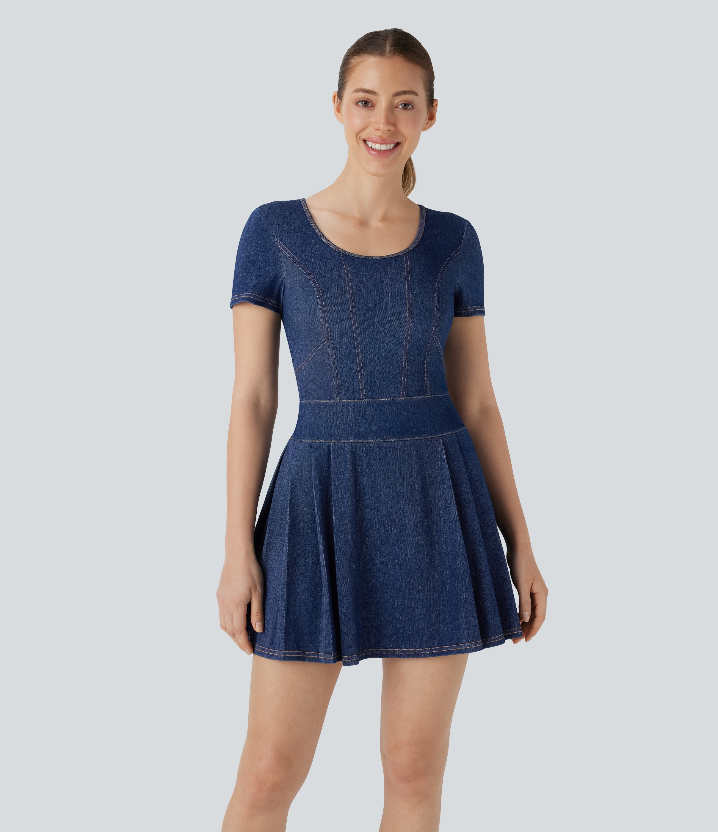 FlexTM Pleated Hem 2-in-1 Cool Touch Washed Denim Tennis Active Dress with Pockets