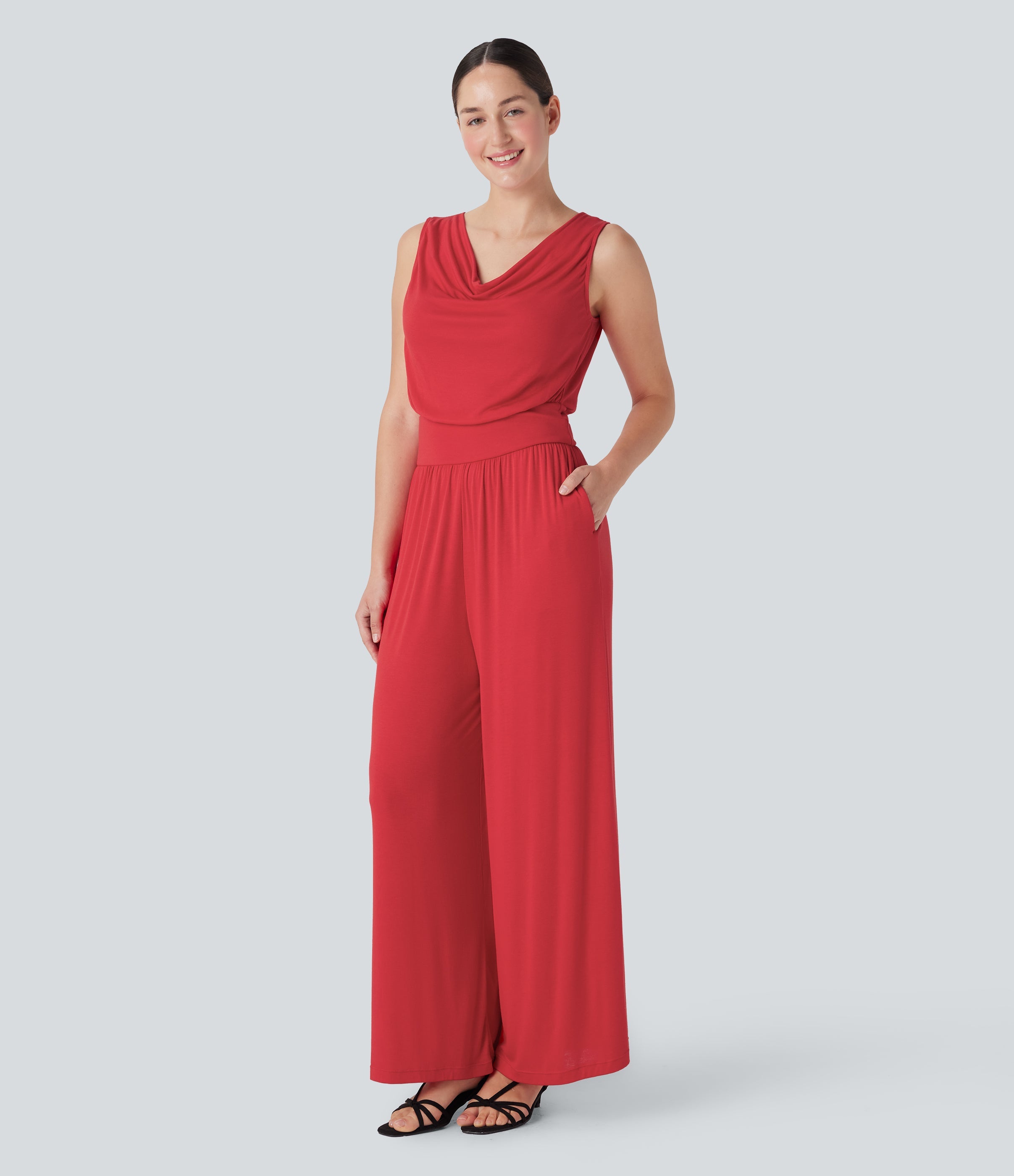 Ribbed Cowl Neck Sleeveless Wide Leg Casual Jumpsuit with Pockets