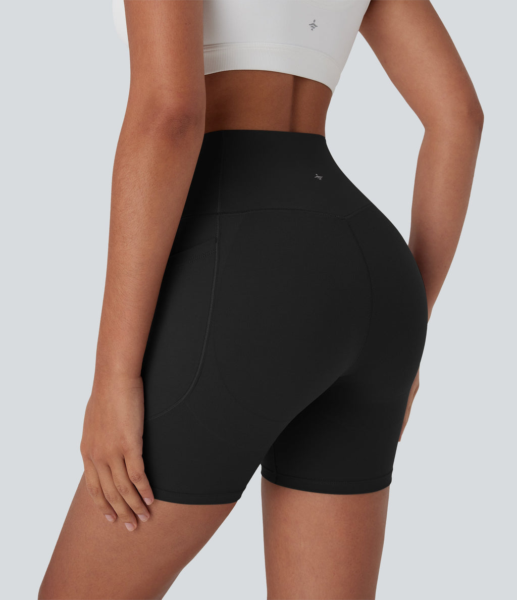 UltraSculptTM High Waisted Crossover Tummy Control Butt Lifting Yoga Biker Shorts 5'' with Pockets