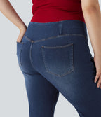 Plus Size FlexTM High Waisted Crossover Washed Casual Flare Jeans with Pockets